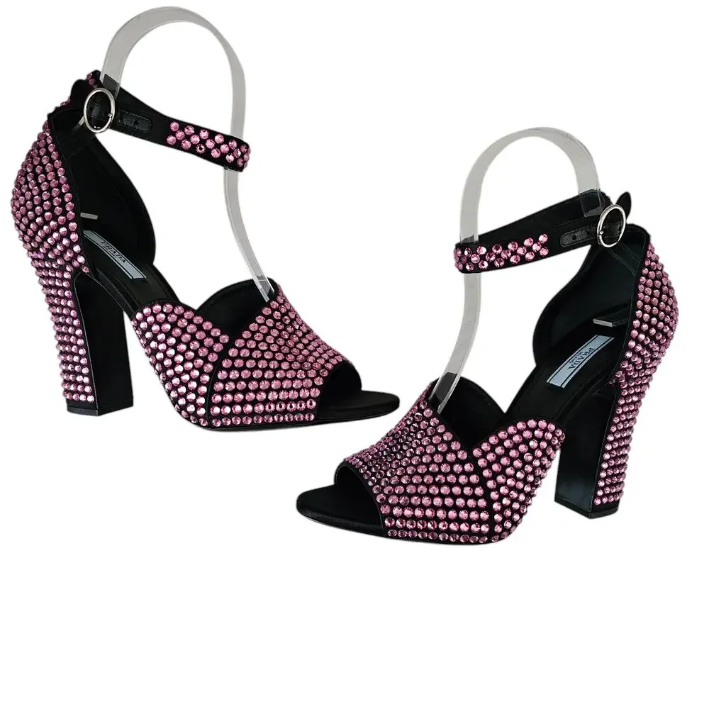 Prada Crystal Embellished Pink Ankle Strap Heel Sandal Size 39.5 US 9.5 Open Toe - Picture 5 of 9